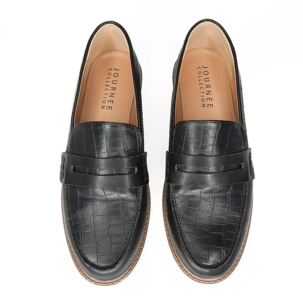 Journee Collection Womens Black Croc Embossed Lug Sole Penny Loafers Size‎ 9.5
